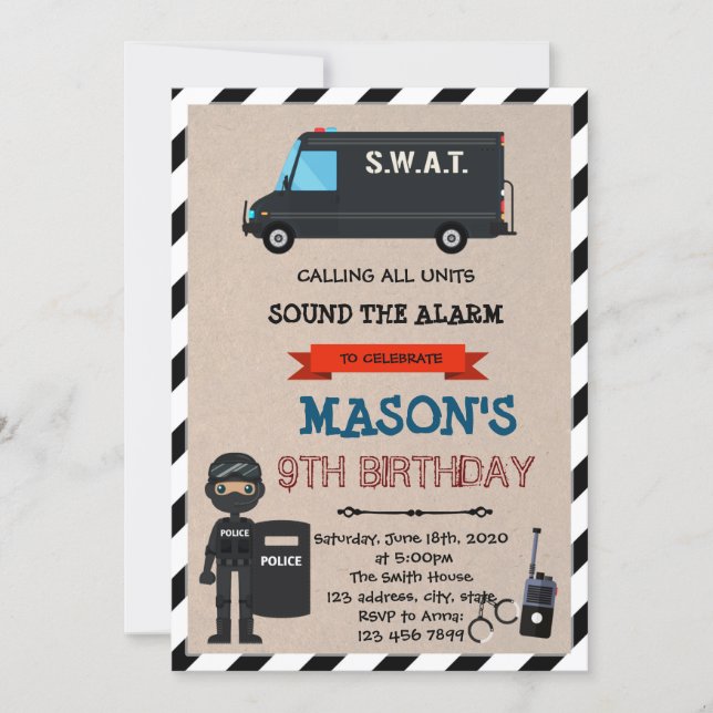 Swat police birthday theme party invitation (Front)