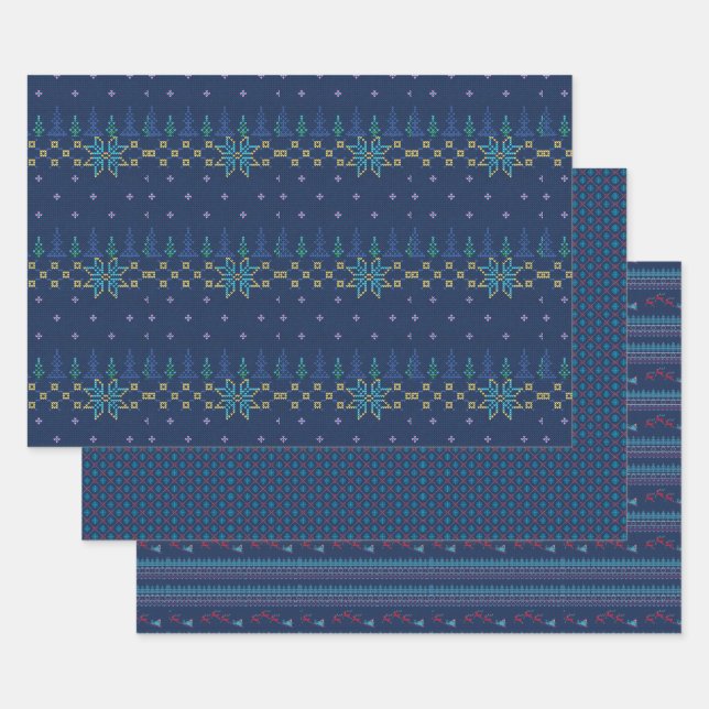 Sweater Knit Pattern  Blue  Wrapping Paper Sheets (Set)