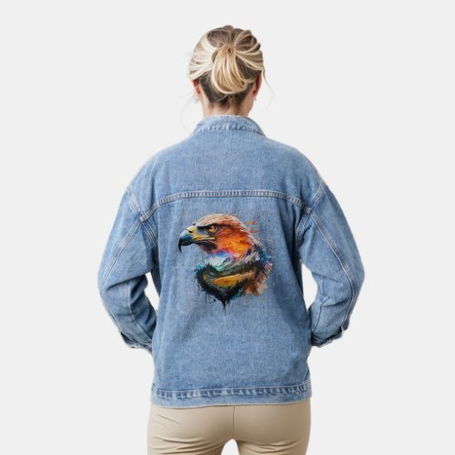 Sweater with watercolor eagle image denim jacket