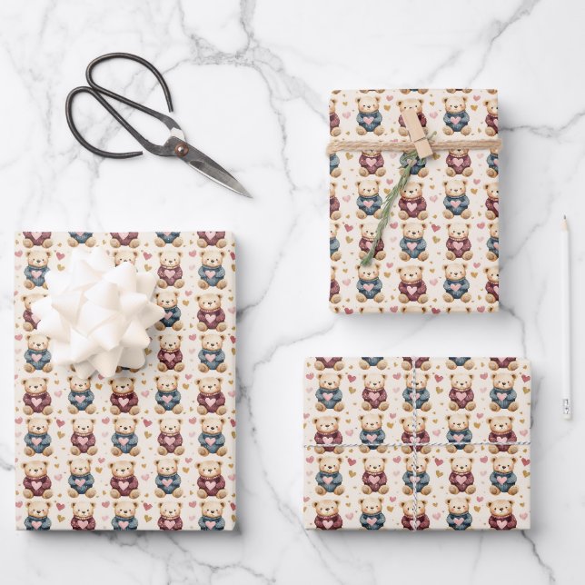 Sweatered Teddy Bears Wrapping Paper Sheets (Front)