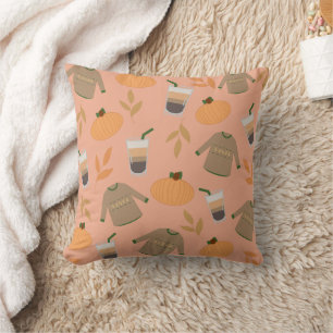 Sweaters, Pumpkin, and Iced Coffee Fall Pattern Throw Pillow