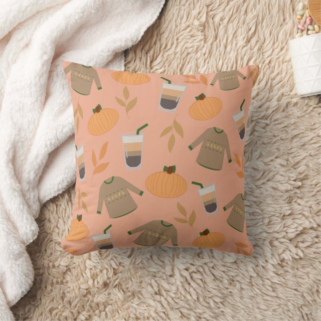 Sweaters, Pumpkin, and Iced Coffee Fall Pattern Throw Pillow (Blanket)