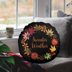 Sweather Weather Autumn Fall Leaves Wreath Round Pillow
