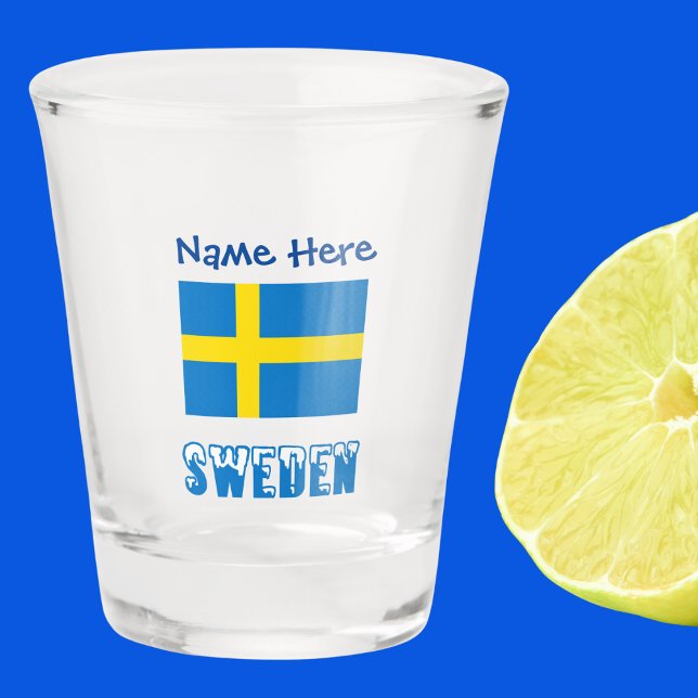 Sweden and Swedish Flag Blue Personalization  Shot Glass (Personalized shot glass with Swedish Flag and the word SWEDEN in snow capped letters. Add name above)