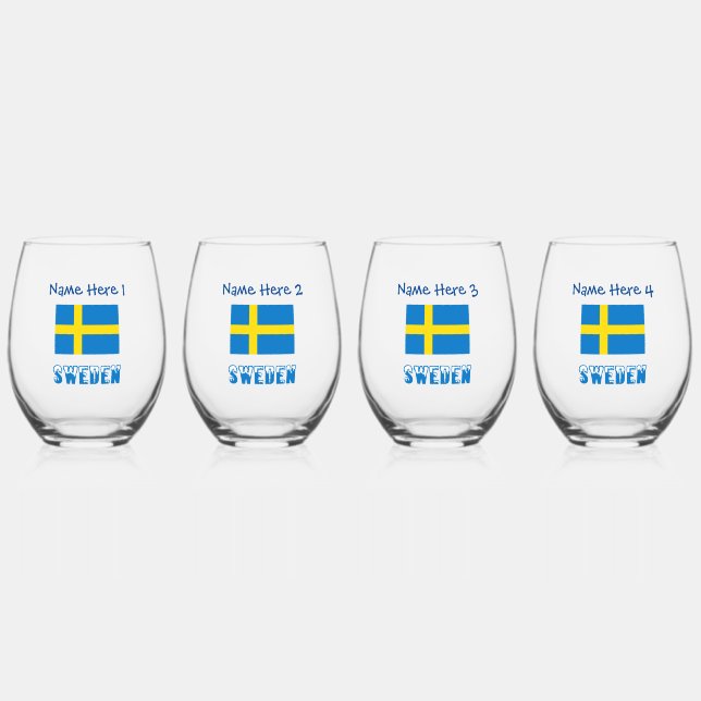 Sweden and Swedish Flag Blue Personalization  Stemless Wine Glass (Front)