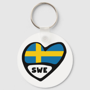 Sweden Country Code Flag Heart Keyring, SWE Keychain