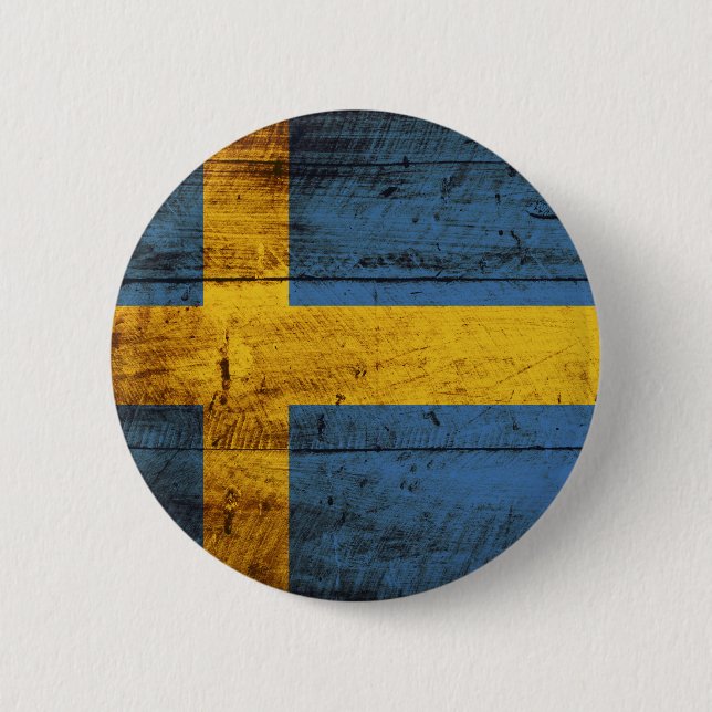 Sweden Flag on Old Wood Grain Pinback Button (Front)