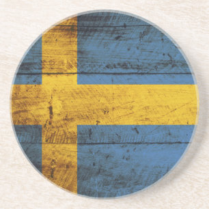 Sweden Flag on Old Wood Grain Sandstone Coaster