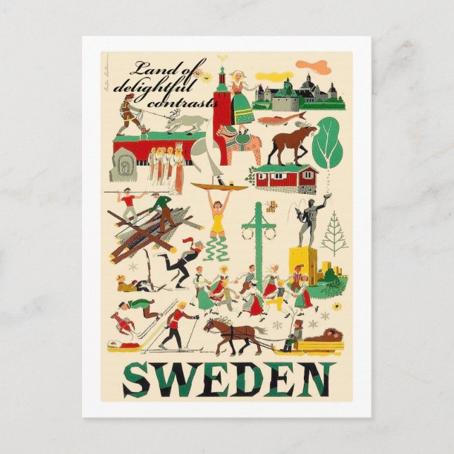 Sweden, land of delightful contrasts, vintage postcard (Front)