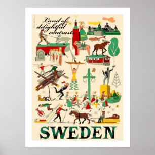 Sweden, land of delightful contrasts, vintage poster