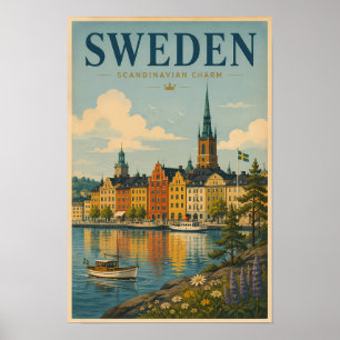 Sweden Landscape Illustration Travel Art Vintage Poster