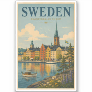 Sweden Landscape Illustration Travel Art Vintage Sticker