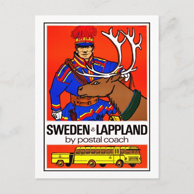 Sweden, lappland, postal coach, vintage, travel postcard (Front)