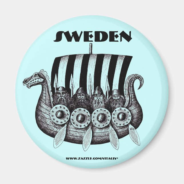 Sweden magnet with vikings in drekar pen ink art (Front)