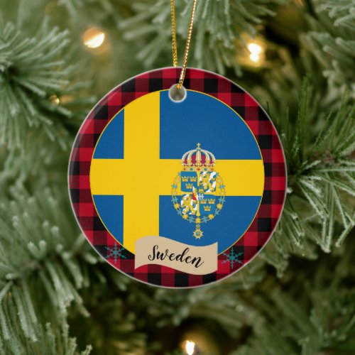 Sweden Red buffalo plaid  Swedish Flag Ceramic Ornament
