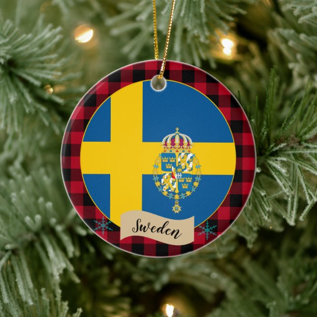 Sweden, Red buffalo plaid & Swedish Flag Ceramic Ornament (Tree)