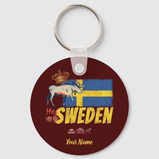 Sweden vintage flag and moose souvenir keychain (Front)