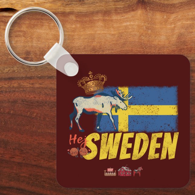 Sweden Vintage Flag Retro Moose Holiday Souvenir Keychain (Front)