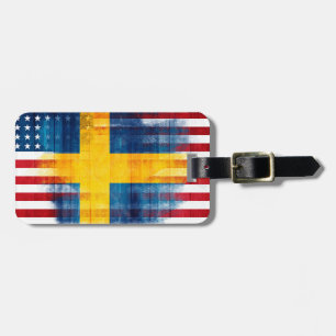 Swedish American Flag Wood Grain Name Address Luggage Tag
