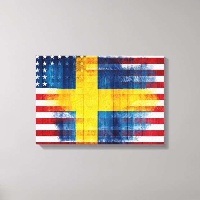 Swedish American Flag | Wood Grain & Paint Strokes Canvas Print (Front)