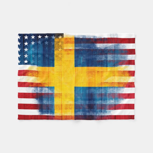 Swedish American Flag | Wood Grain & Paint Strokes Fleece Blanket (Front (Horizontal))