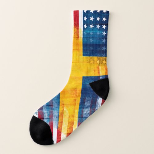 Swedish American Flag  Wood Grain  Paint Strokes Socks
