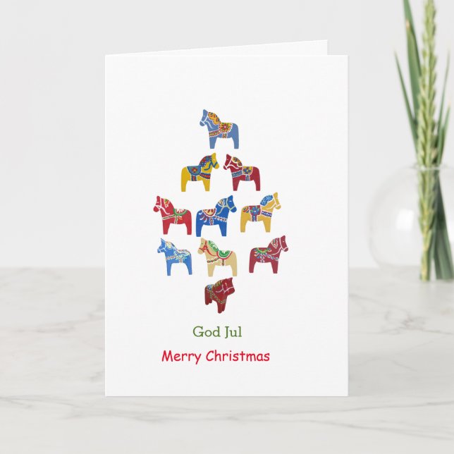 Swedish and English Dala Horse Christmas Tree Card (Front)