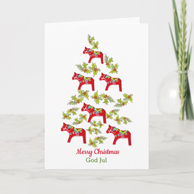 Swedish and English Dala Horse Christmas Tree Card (Front)