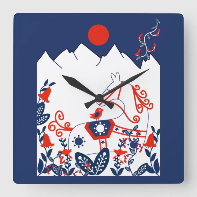 Swedish And Finish Folk Art Gifts Square Wall Clock (Front)