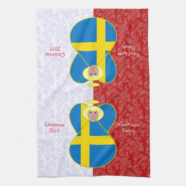 Swedish Angel Flag on Red and White Personalized  Kitchen Towel (Vertical)