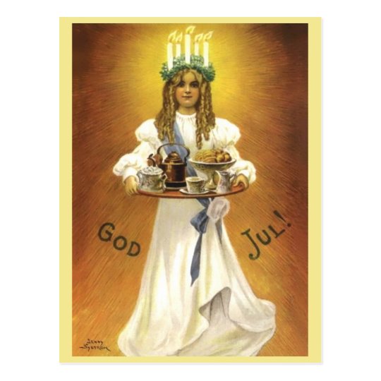 Swedish Christmas Girl Lit Candle Wreath on Head Postcard