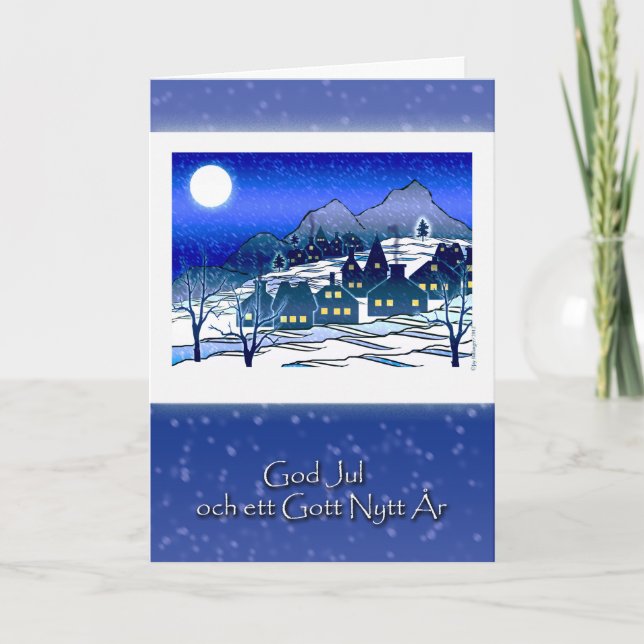 Swedish Christmas, God Jul, Snowy Village Holiday Card (Front)