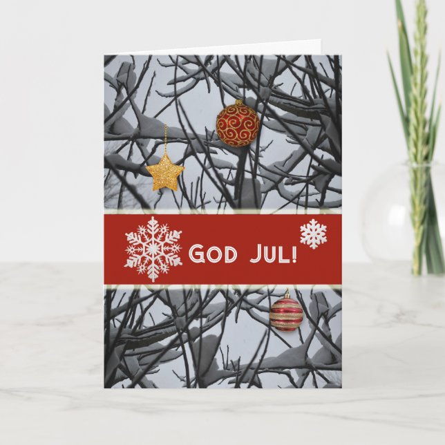Swedish Christmas Ornaments on Snowy Branches Holiday Card (Front)