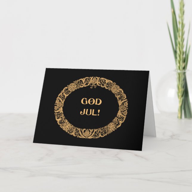 Swedish Christmas Wreath Gold-effect Black Holiday Card (Front)