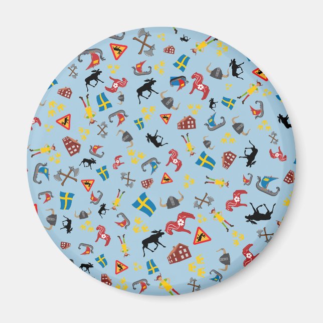 Swedish culture items on blue background magnet (Front)