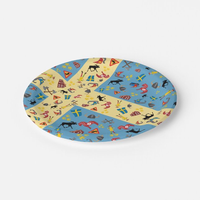 Swedish culture items with flag paper plates (Angled)