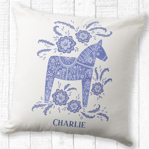 Swedish Dala Horse Art Blue Custom Name Throw Pillow