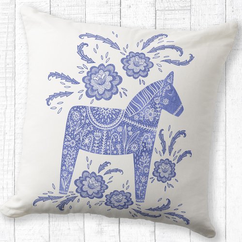 Swedish Dala Horse Art Periwinkle Blue Throw Pillow