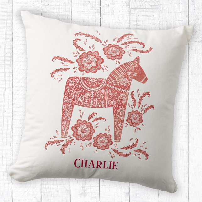 Swedish Dala Horse Art Personalized Throw Pillow (Personalized name Swedish Dala Horse red and white pillow)