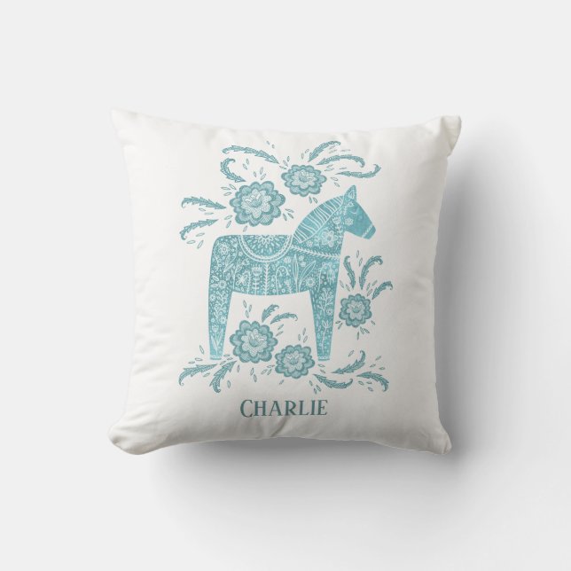 Swedish Dala Horse Art Teal Custom Name Throw Pillow (Front)