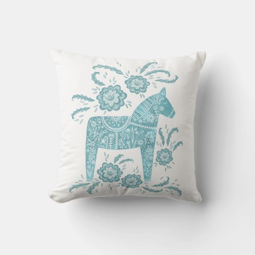 Swedish Dala Horse Art Teal Green Throw Pillow