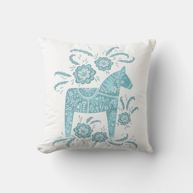 Swedish Dala Horse Art Teal Green Throw Pillow (Front)