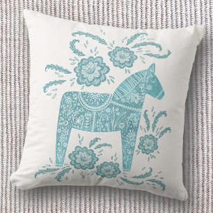 Swedish Dala Horse Art Teal Green Throw Pillow