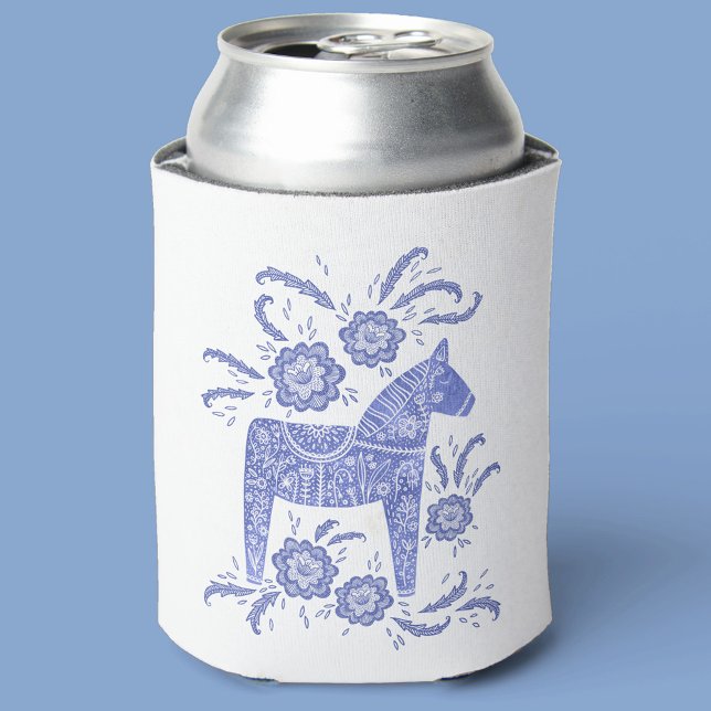 Swedish Dala Horse Blue and White Can Cooler (Blue and white Swedish Dala Horse folk art can cooler)