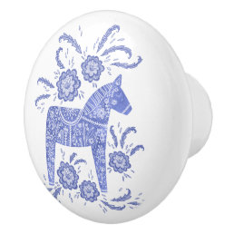 Swedish Dala Horse Blue and White Ceramic Knob