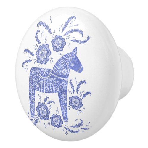 Swedish Dala Horse Blue and White Ceramic Knob