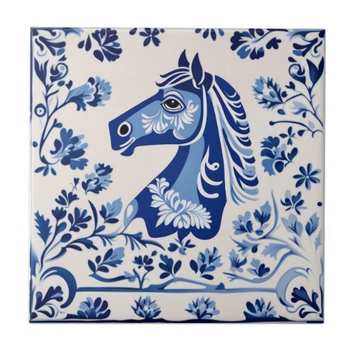 Swedish Dala horse Blue and White Ceramic Tile