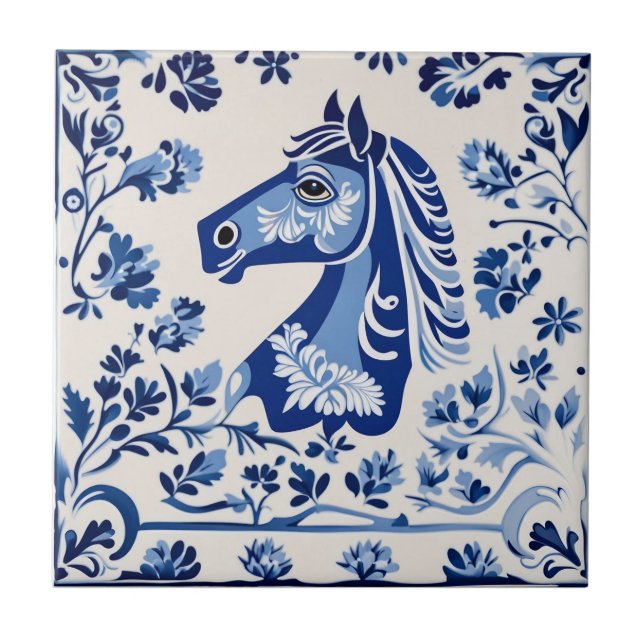 Swedish Dala horse Blue and White Ceramic Tile (Front)