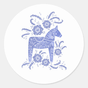 Swedish Dala Horse Blue and White Classic Round Sticker