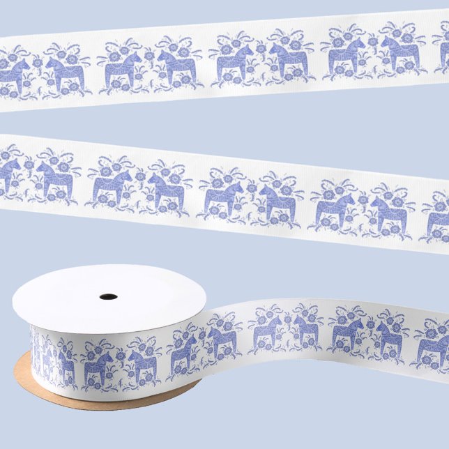 Swedish Dala Horse Blue and White Folk Art Satin Ribbon (Swedish Dala Horse blue and white satin ribbon)